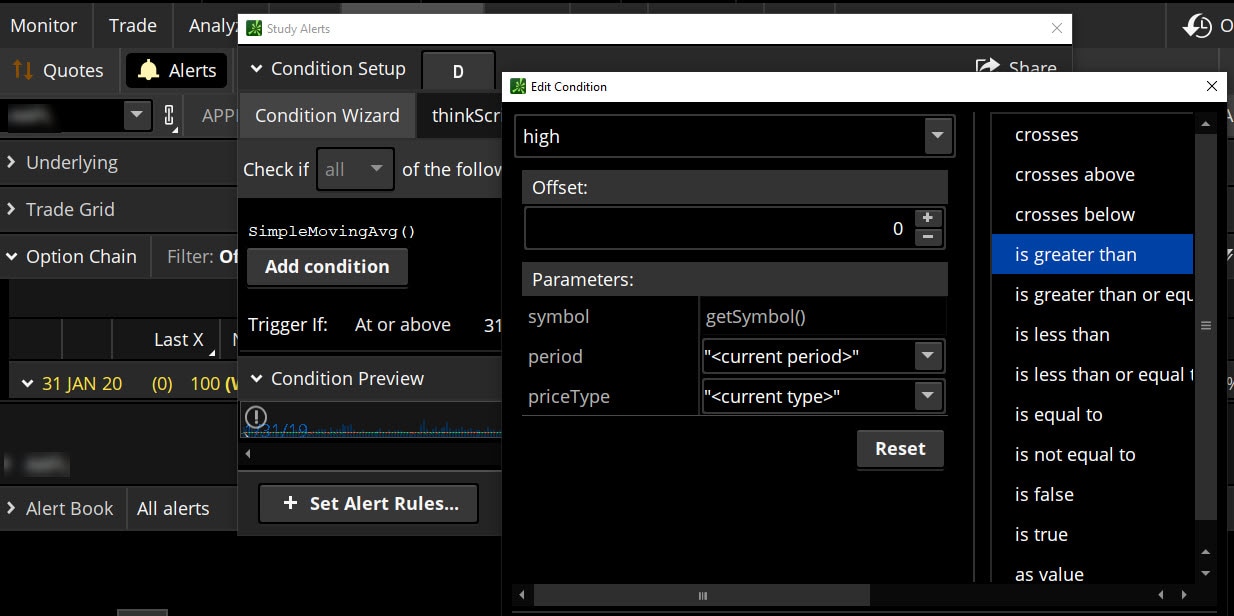  Image shows how to set alerts on the thinkorswim platform. Under the MarketWatch tab, select Alerts, enter a stock symbol, select Study Alert, and enter parameters