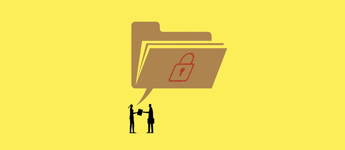 Woman with a thought bubble in the shape of a file with a lock symbol as she hands man file