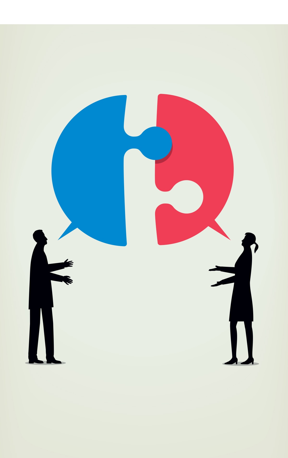 Man speaking to a woman with blue and red word bubbles in the shape of puzzle pieces