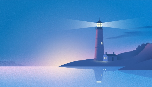 Illustration depicting beacon from lighthouse at evening, calm water