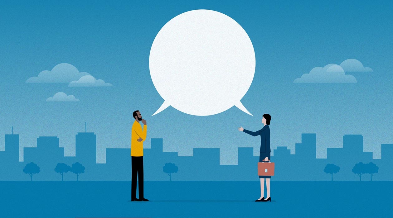 Man and woman sharing a white, word bubble