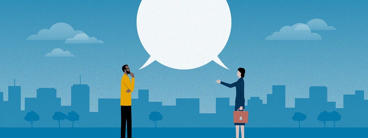 Man and woman sharing a white, word bubble