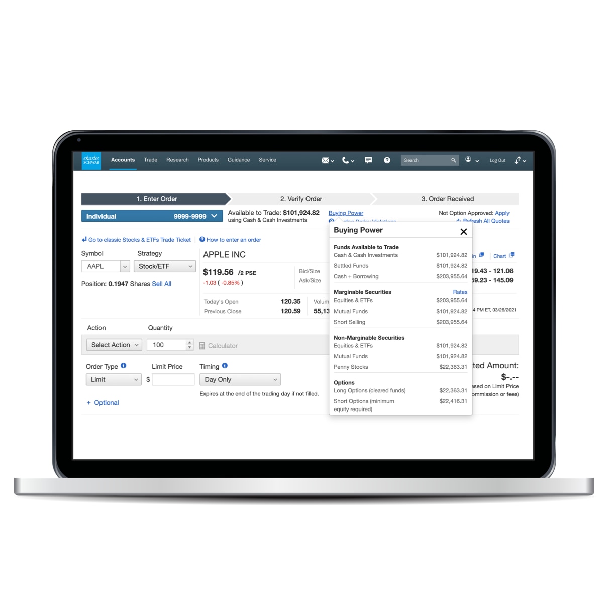Laptop showing Schwab’s platform and a section showing Margin available in the Buying Power