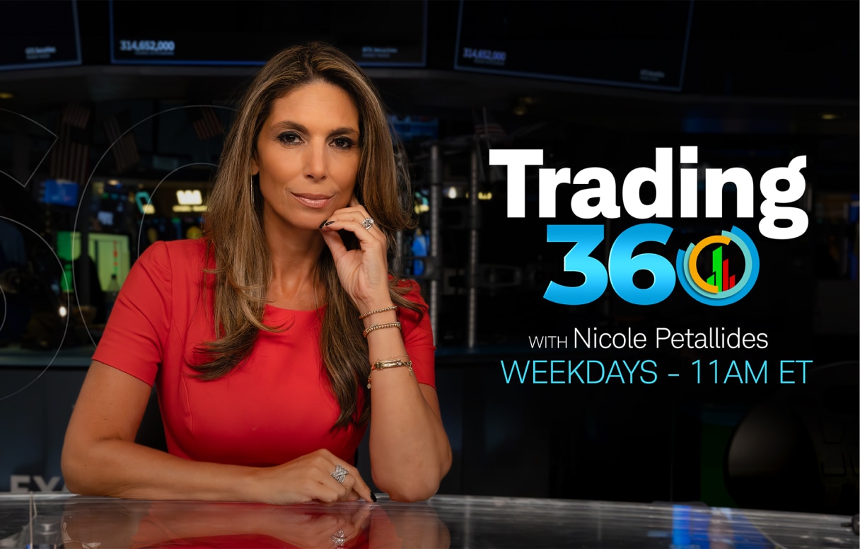 Photo of host Nicole Petallides and text "Trading 360 with Nicole Petallides, Weekdays 11AM ET"