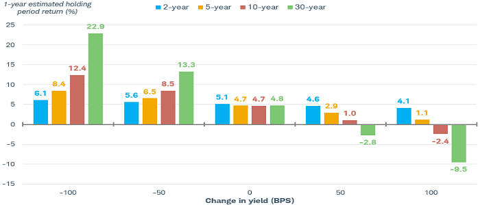 Chart shows the 1-year estimated holding period return in percent for 2-year, 5-year, 10-year and 30-year bonds based on various changes in yield. Those yield levels are negative 100 basis points, negative 50 basis points, zero change, positive 50 basis points and positive 100 basis points.
